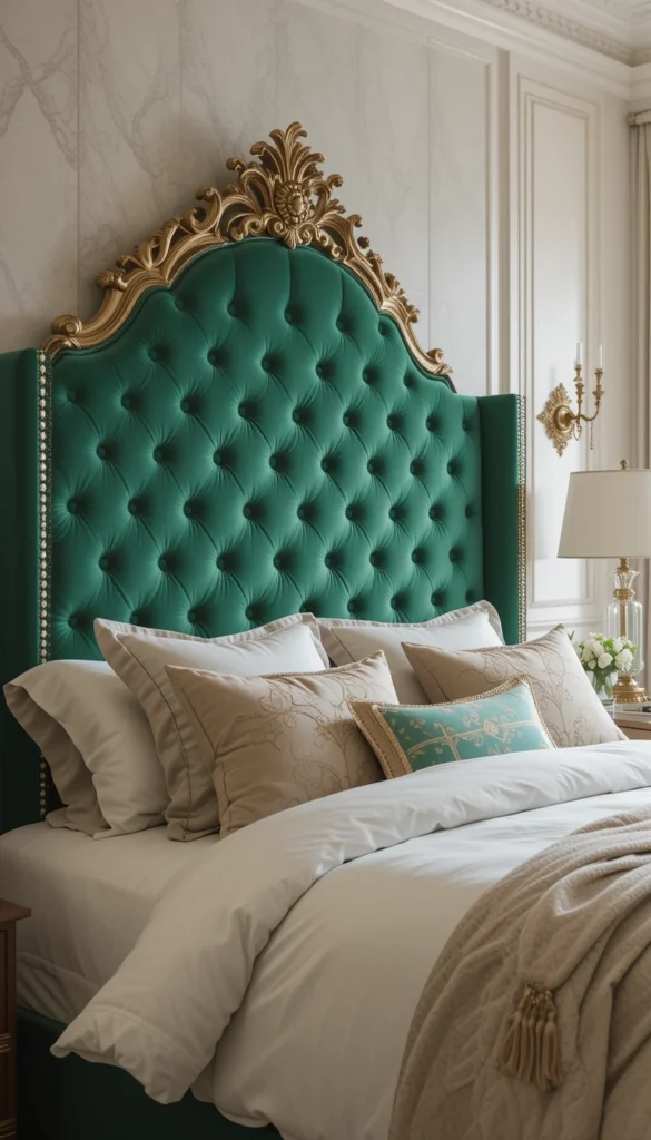 Velvet green headboard in bedroom