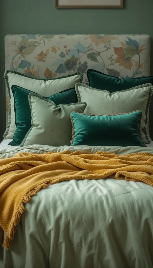 Bedroom with lush green bedding