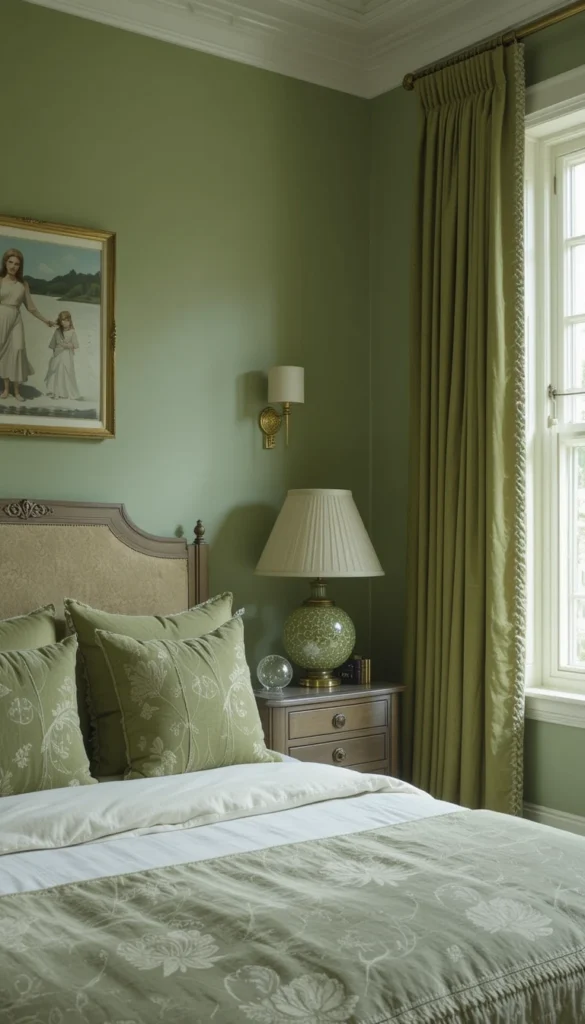 Green curtains in bedroom