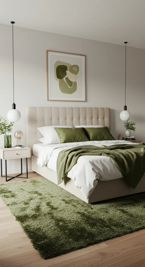 Green area rug in bedroom