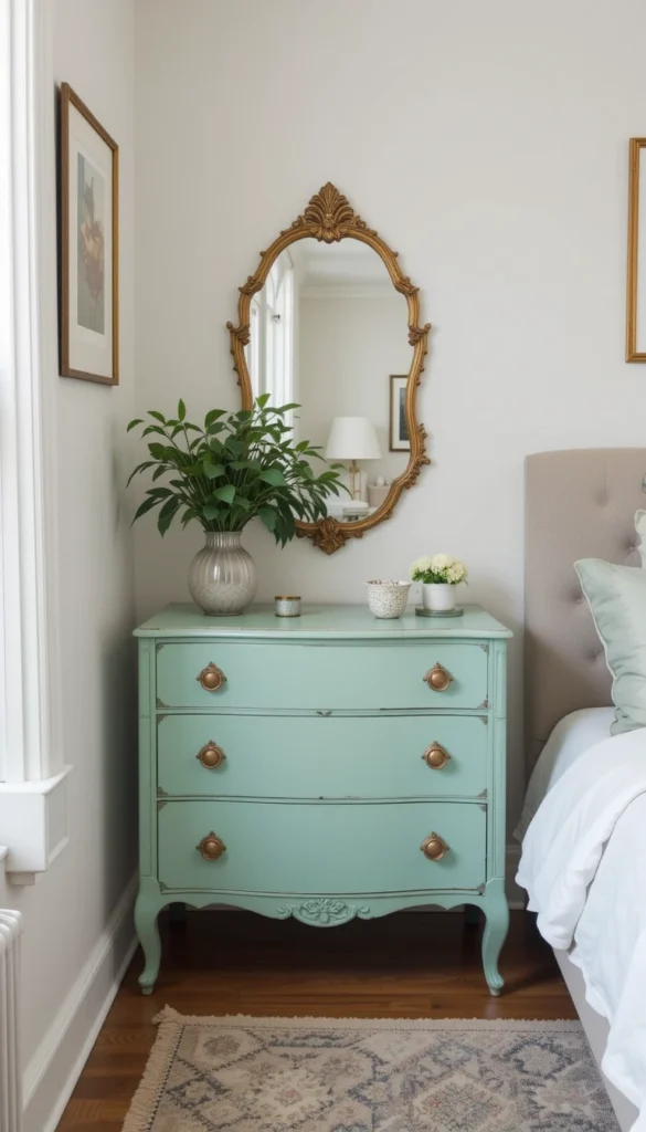 Green dresser in bedroom