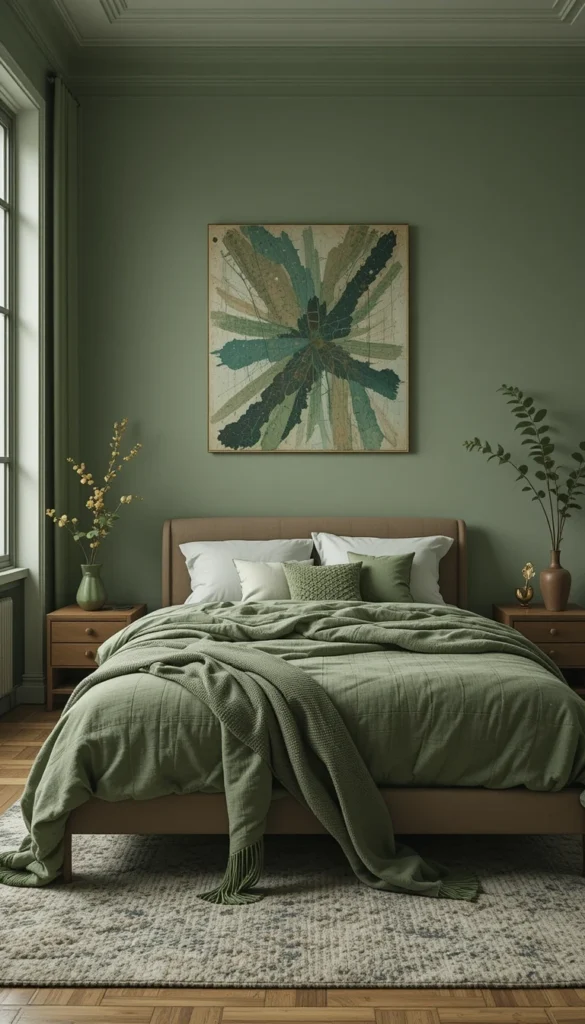Green botanical artwork in bedroom