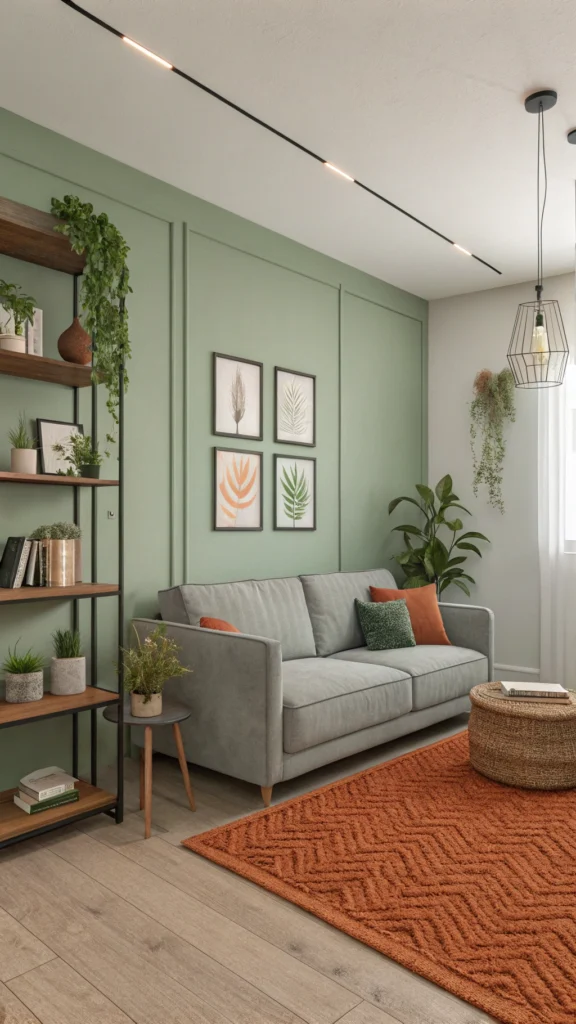 Living room with sage green walls and terracotta accents
