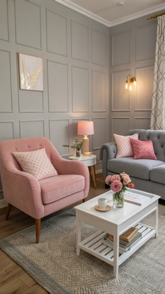 Living room with soft gray walls and blush pink accents