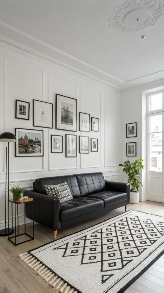 Living room with black and white decor