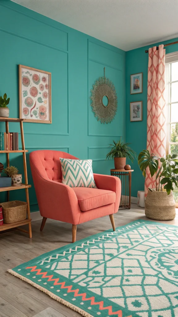 Living room with teal and coral accents