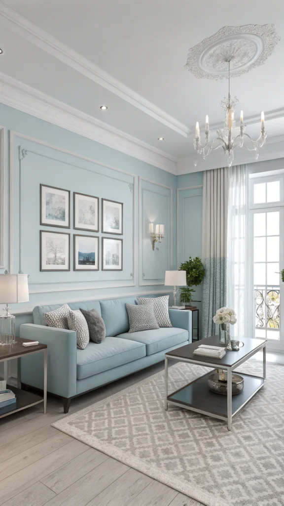 Living room with light blue walls and silver accents