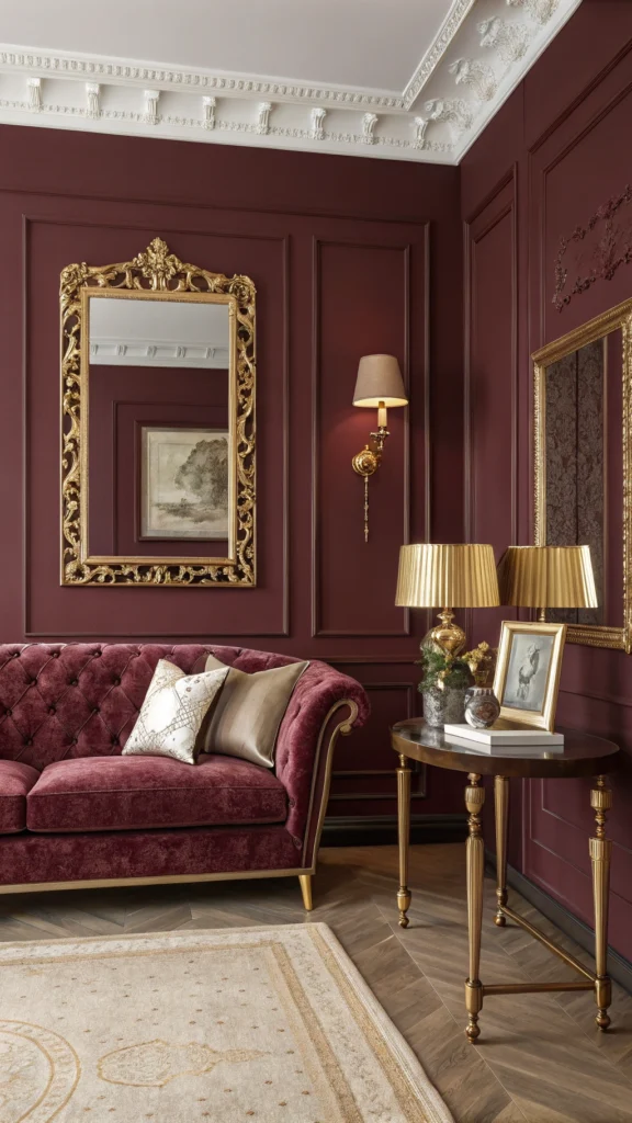 Living room with burgundy walls and gold accents