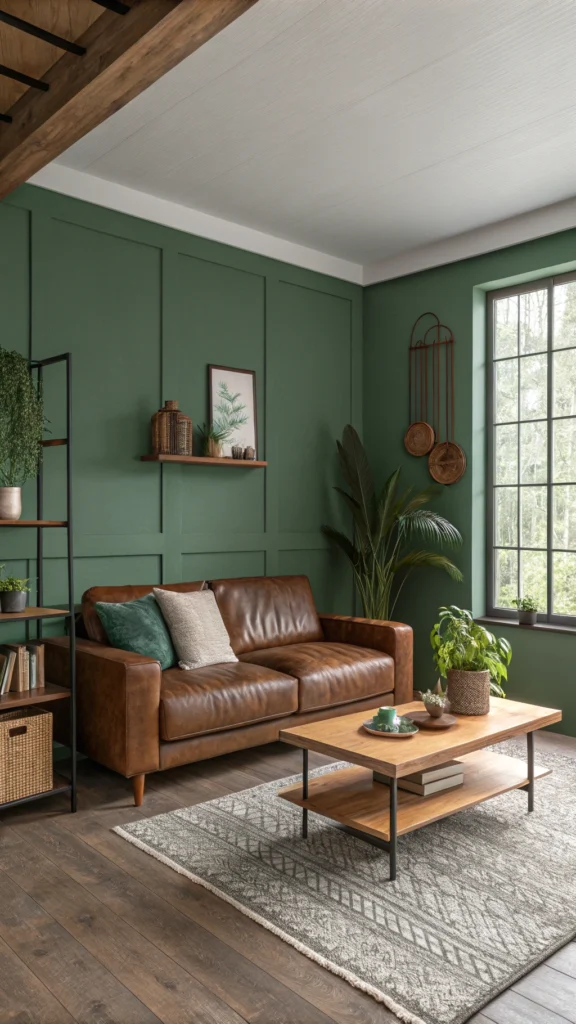Living room with forest green walls and brown furniture