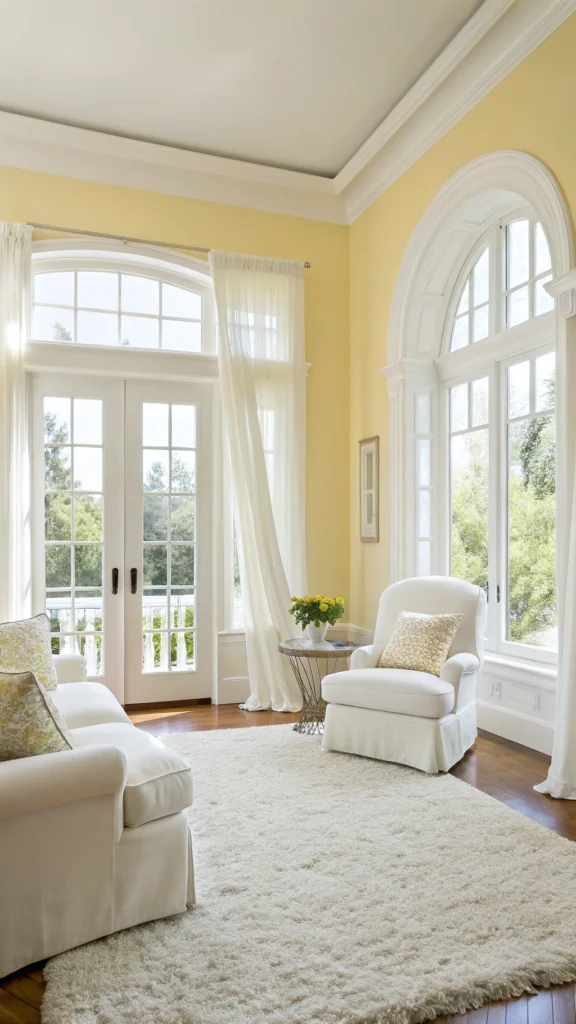 Living room with pale yellow walls and white furniture