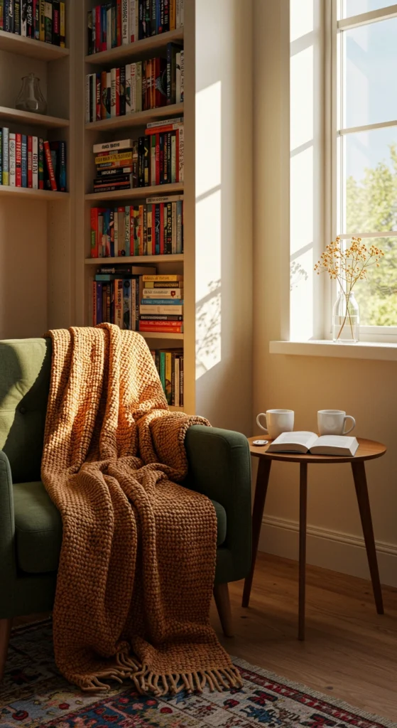 Cozy reading nook with chair and throw