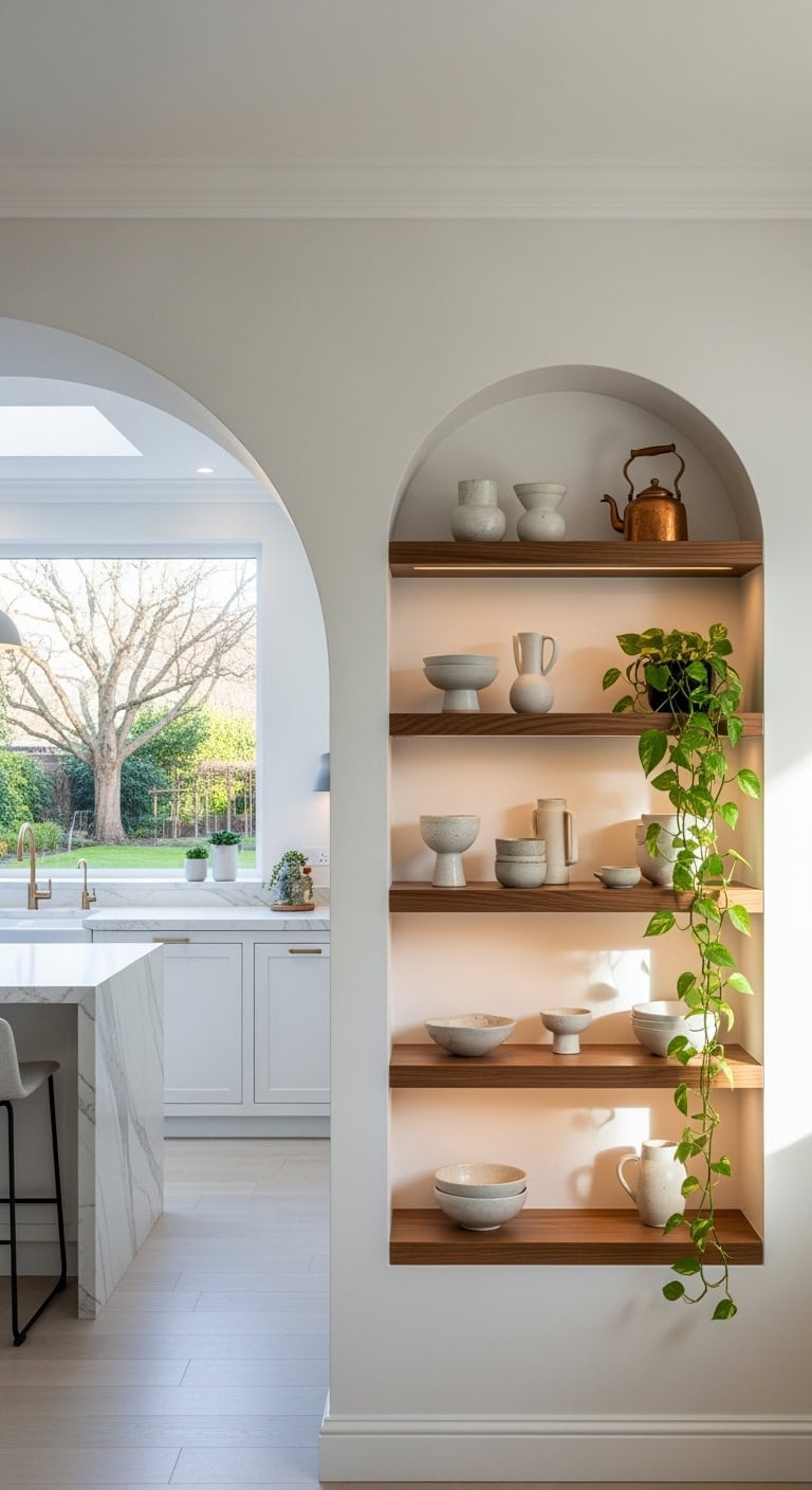 Floating shelves in arch