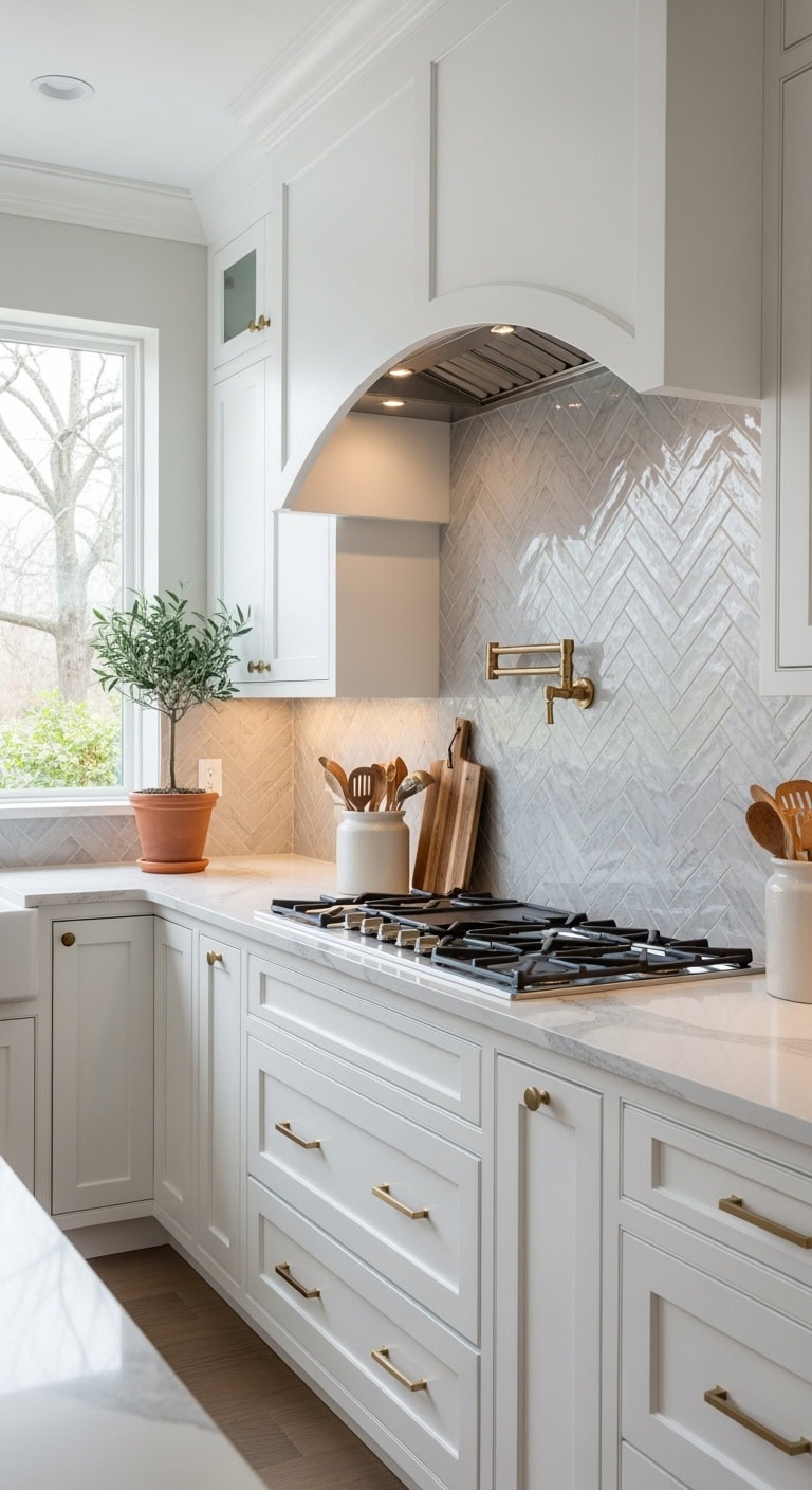 Herringbone tile arch backsplash