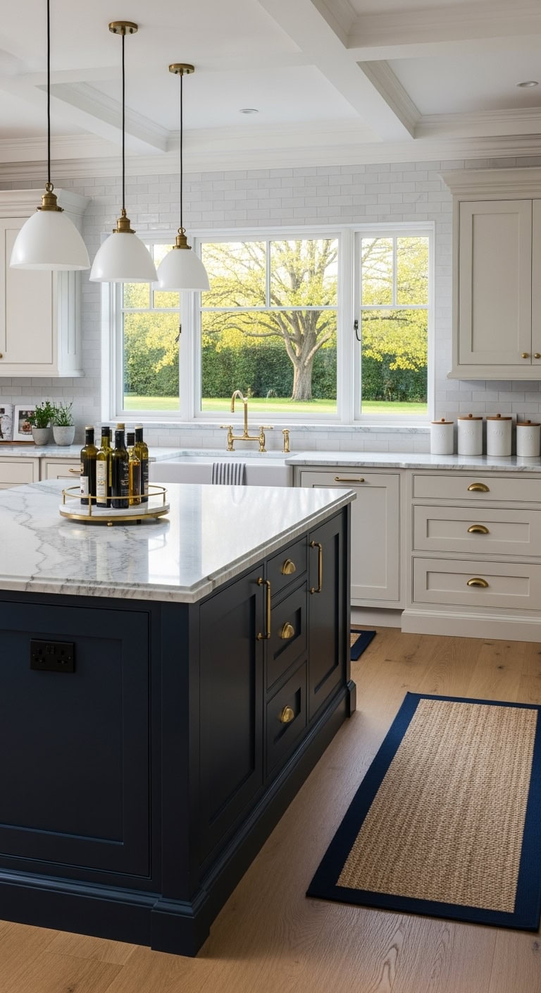Navy kitchen island with cream cabinets
