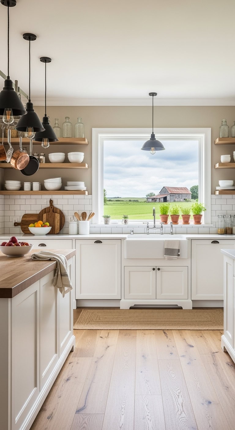 Farmhouse kitchen with open shelves and raised panel doors