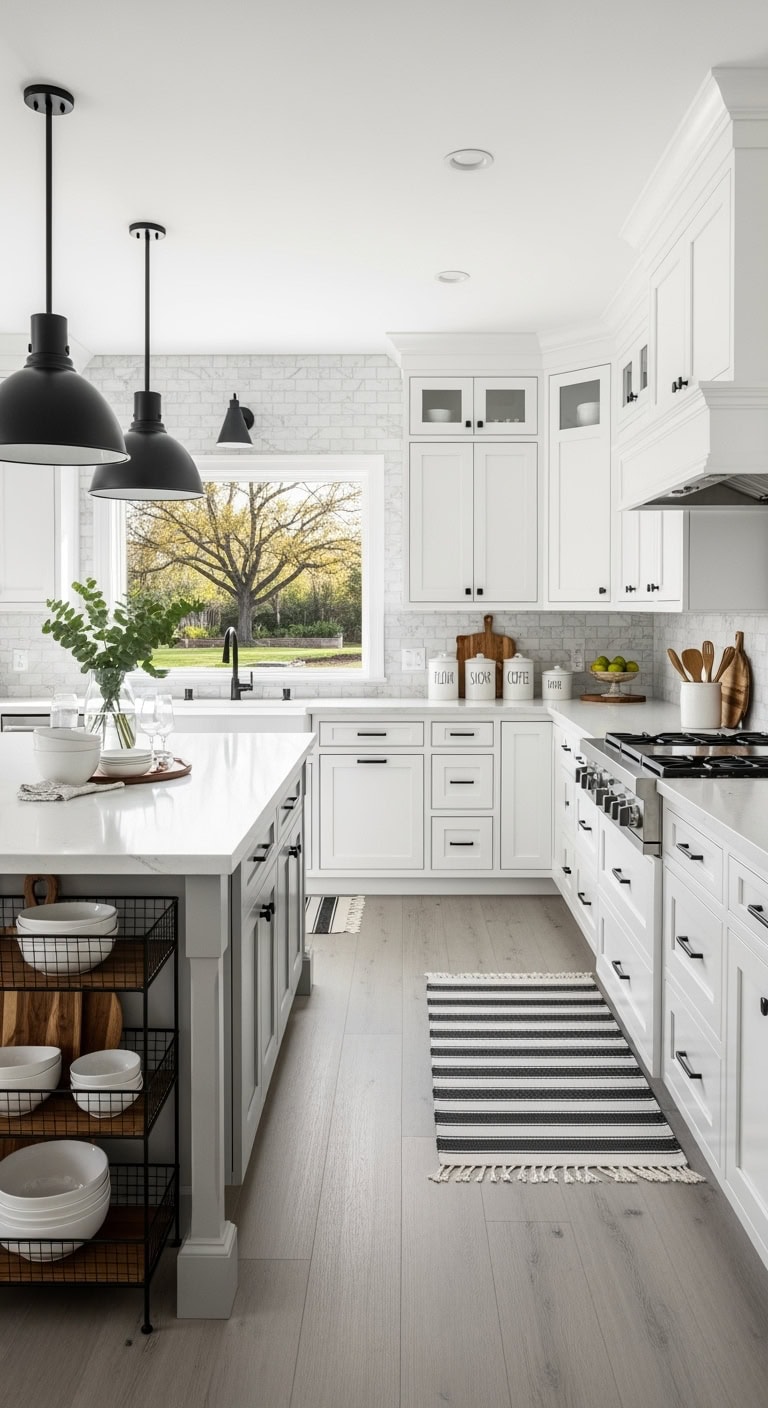 White shaker cabinets with black hardware and marble backsplash