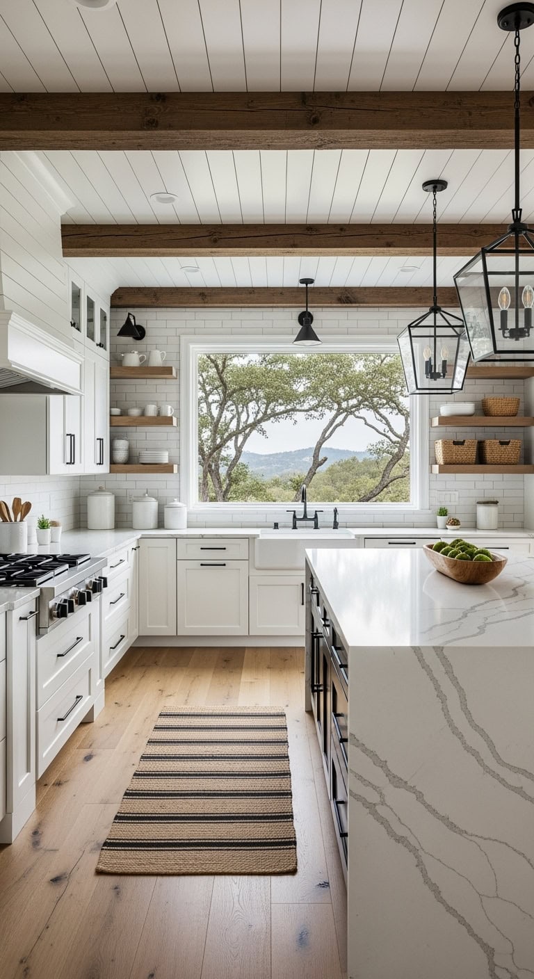 Rustic kitchen with exposed beams and quartz counters