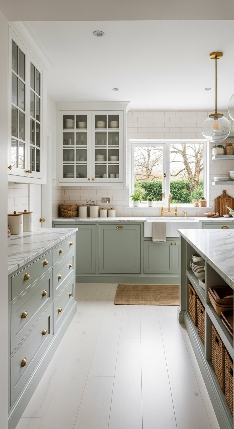 Glass-front cabinets with brushed gold hardware
