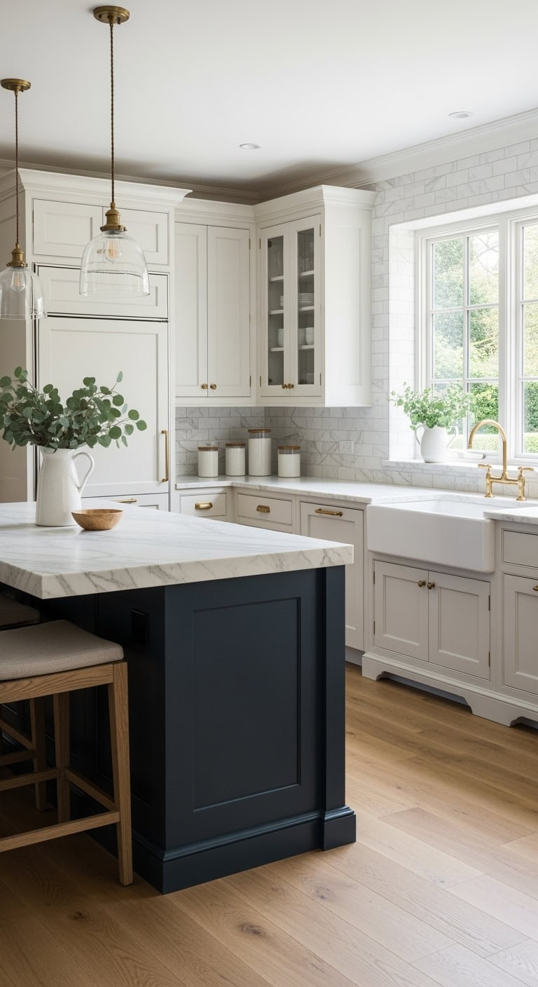 Luxury kitchen with paneled fridge and waterfall island