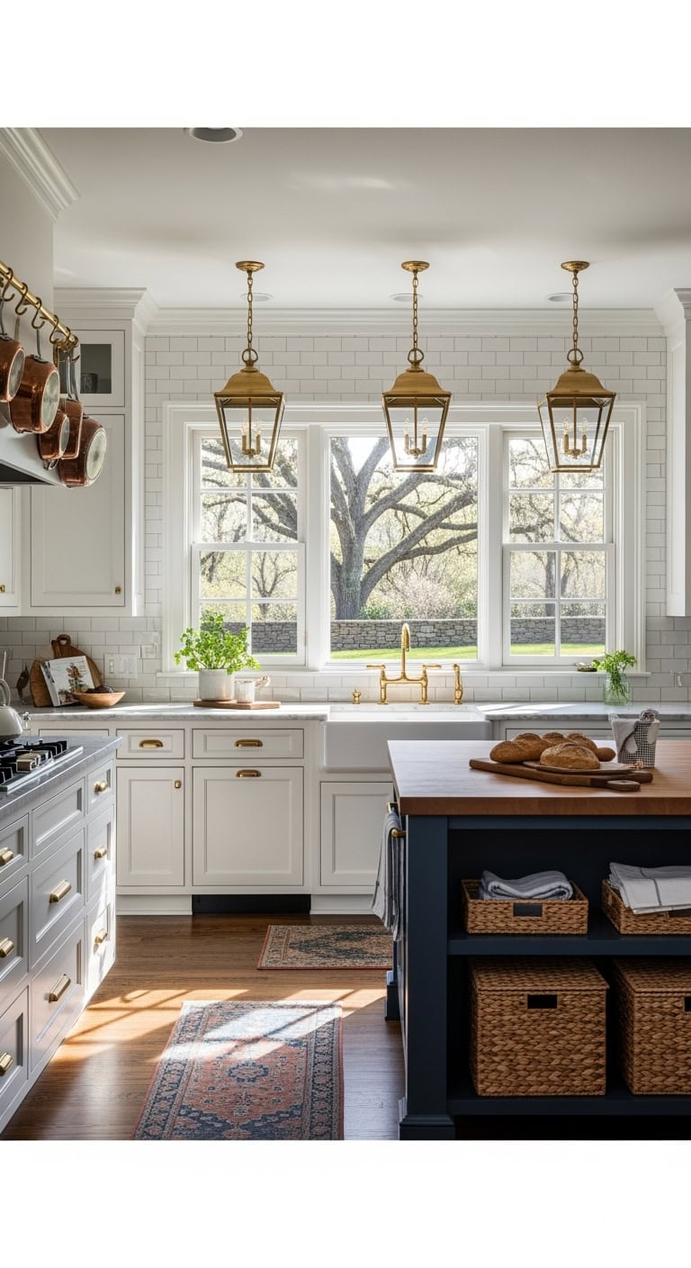 Farmhouse sink with brass lantern lighting