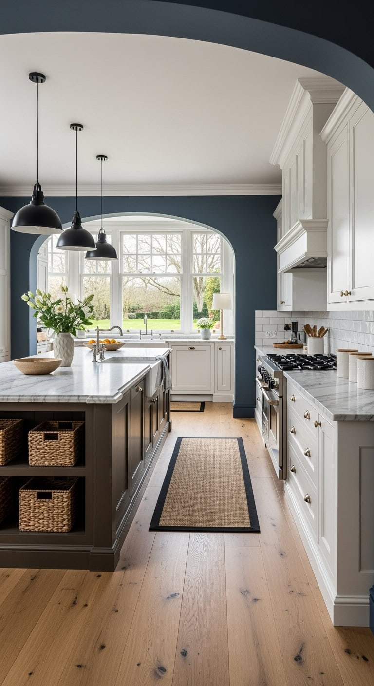 Arched doorways with linear kitchen island
