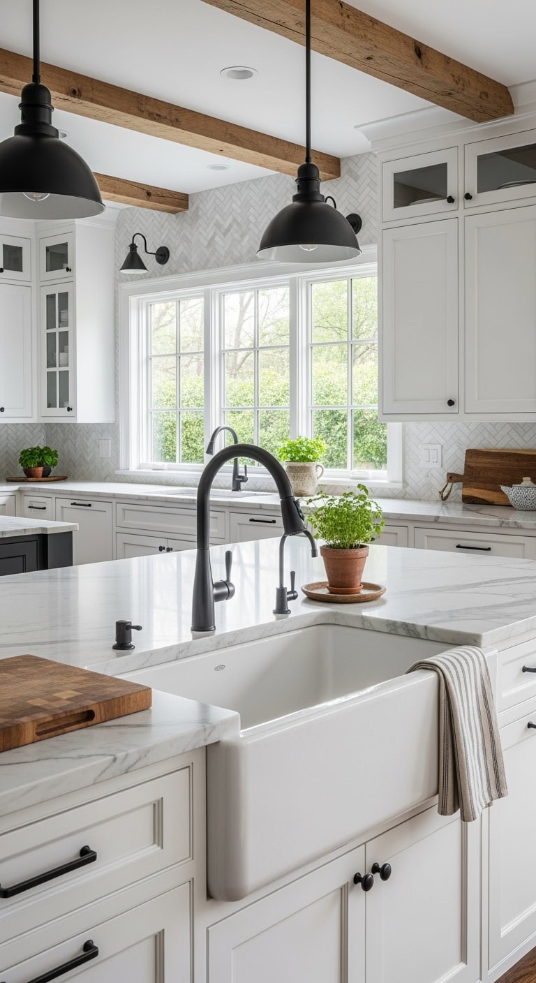 Farmhouse sink with modern matte black faucet
