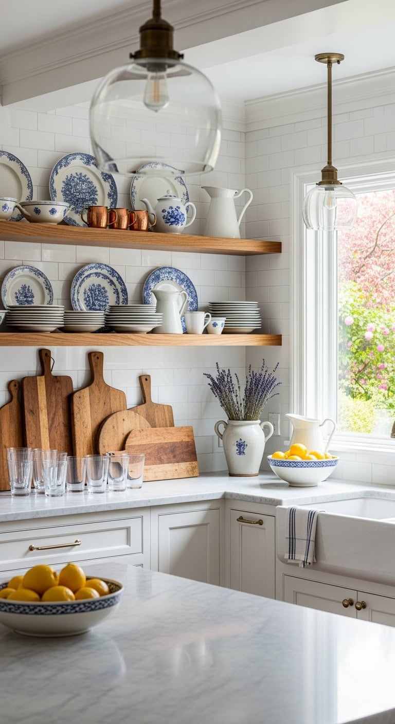 Open shelving with vintage dishware