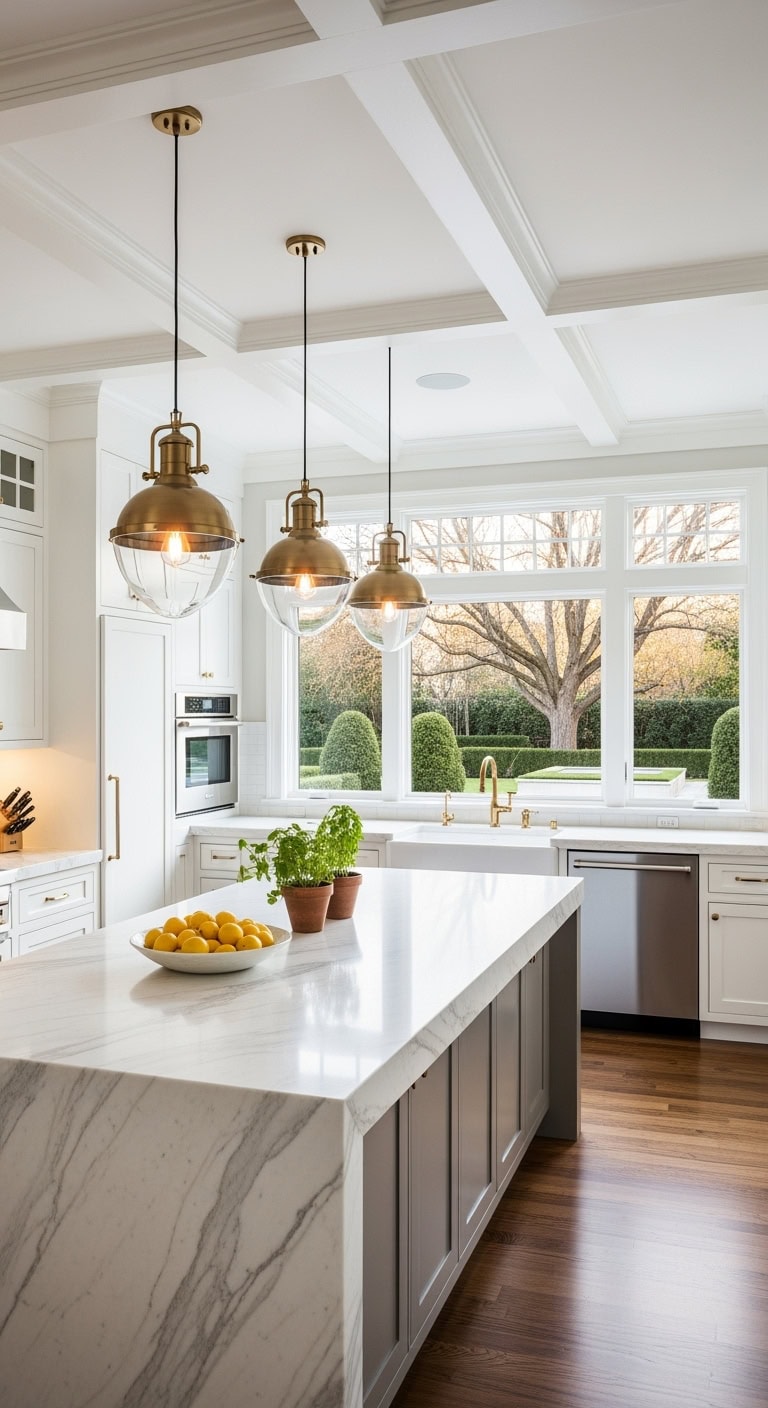 Brass pendant lights over kitchen island