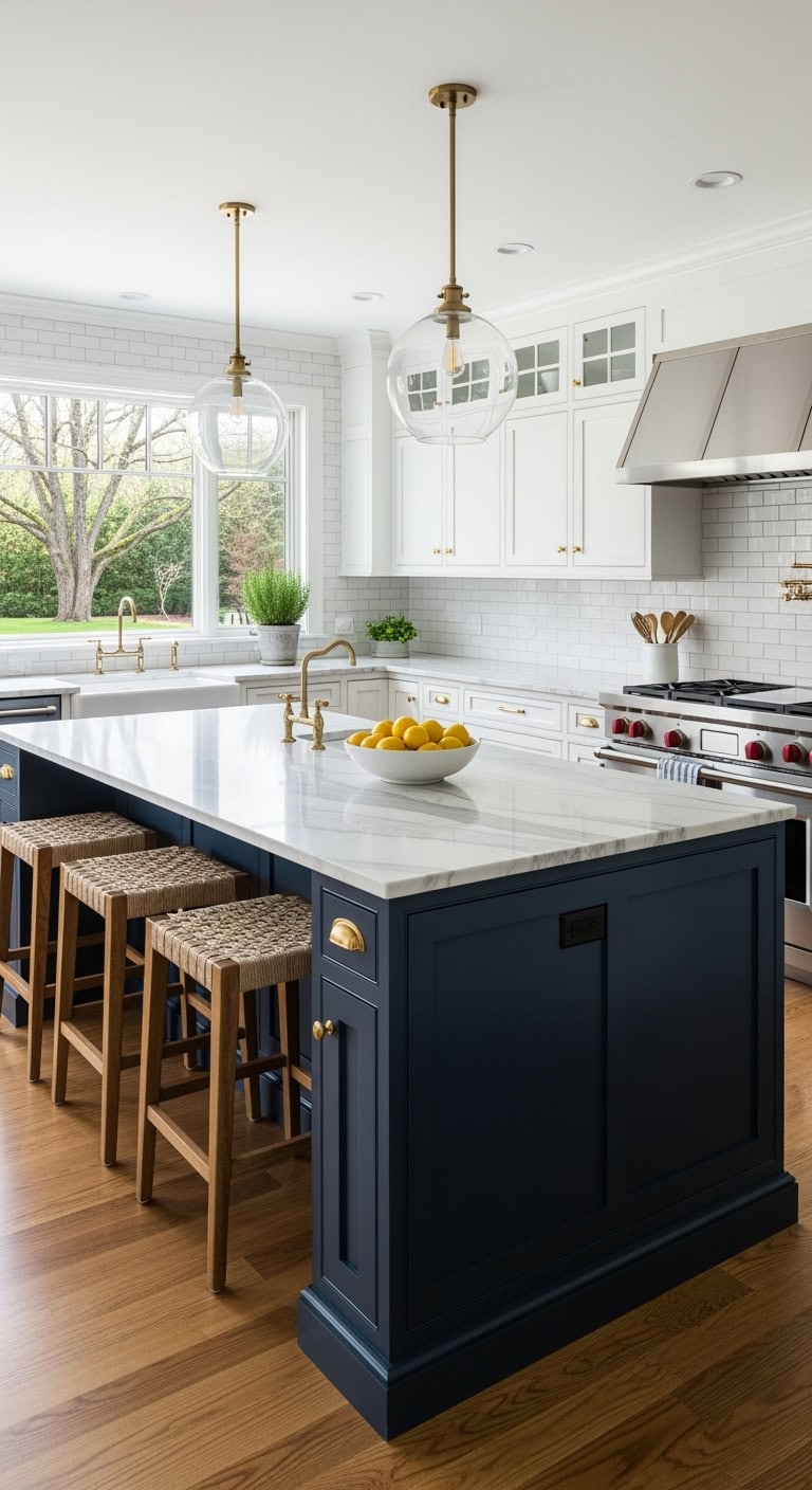 Sophisticated navy blue kitchen island