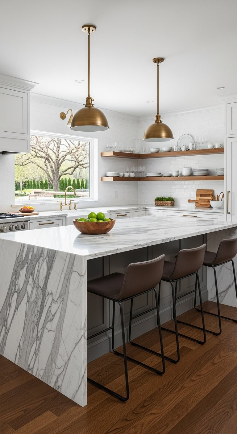 Elegant marble kitchen island with leather bar stools