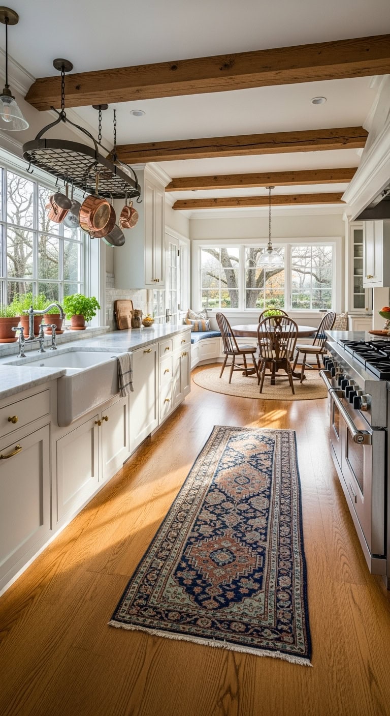 Warm hardwood floors with area rugs