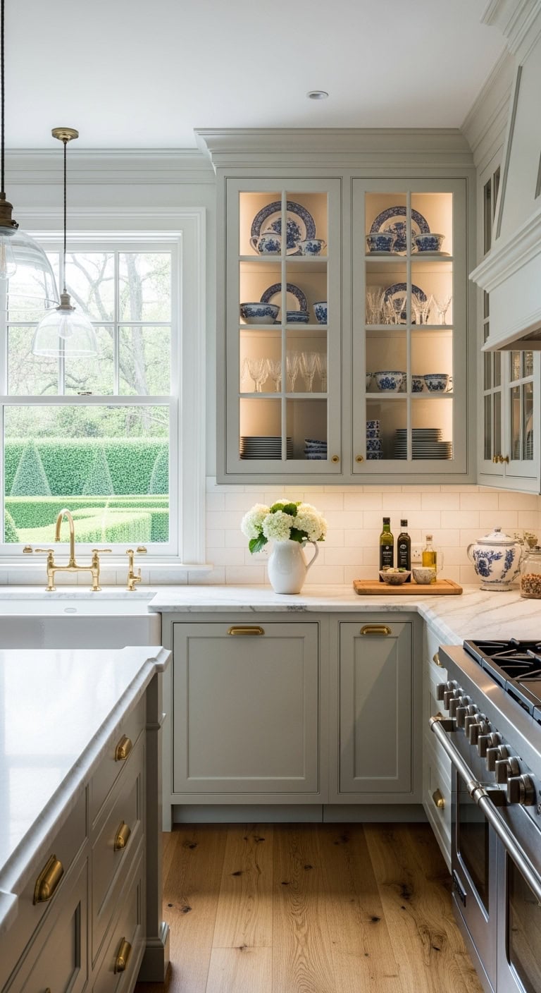 Glass-front cabinets displaying vintage china