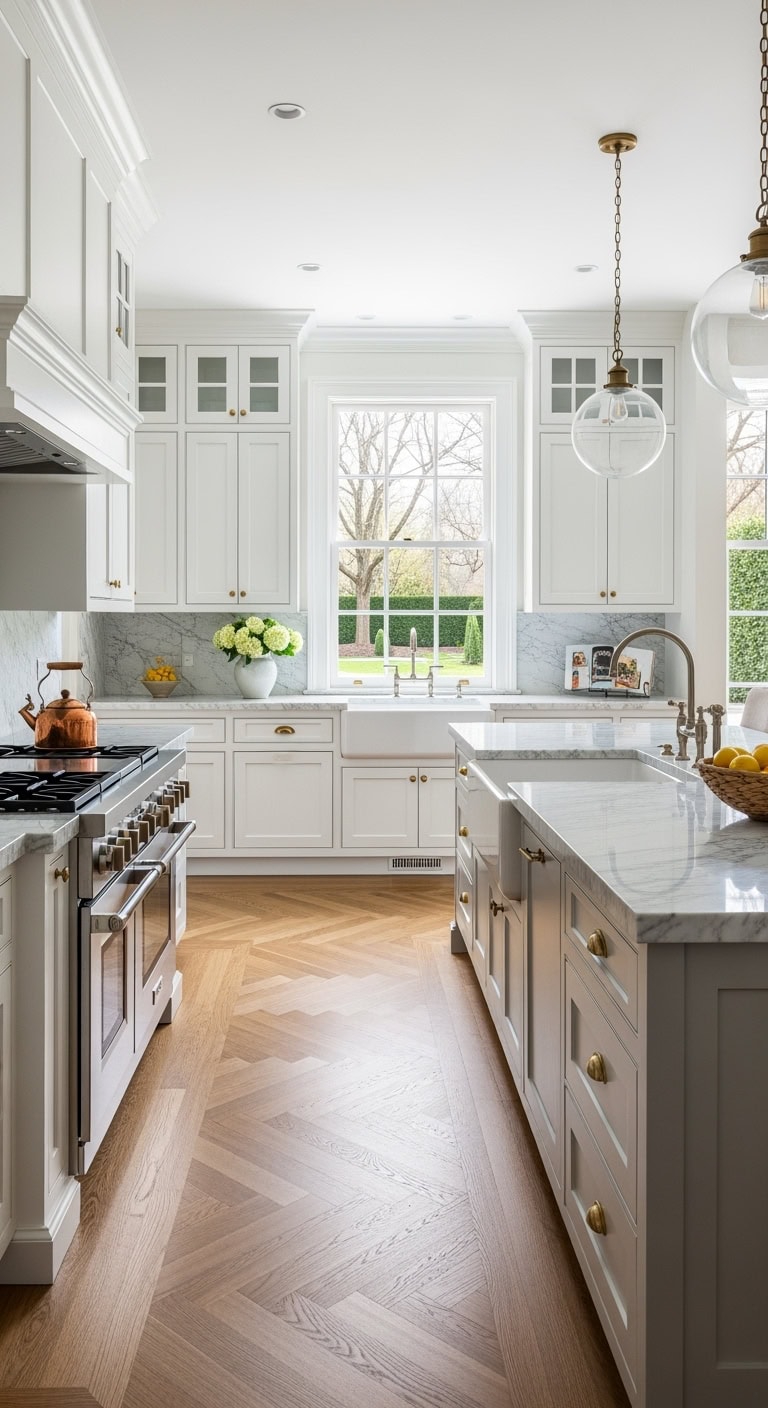 Herringbone wood flooring in kitchen