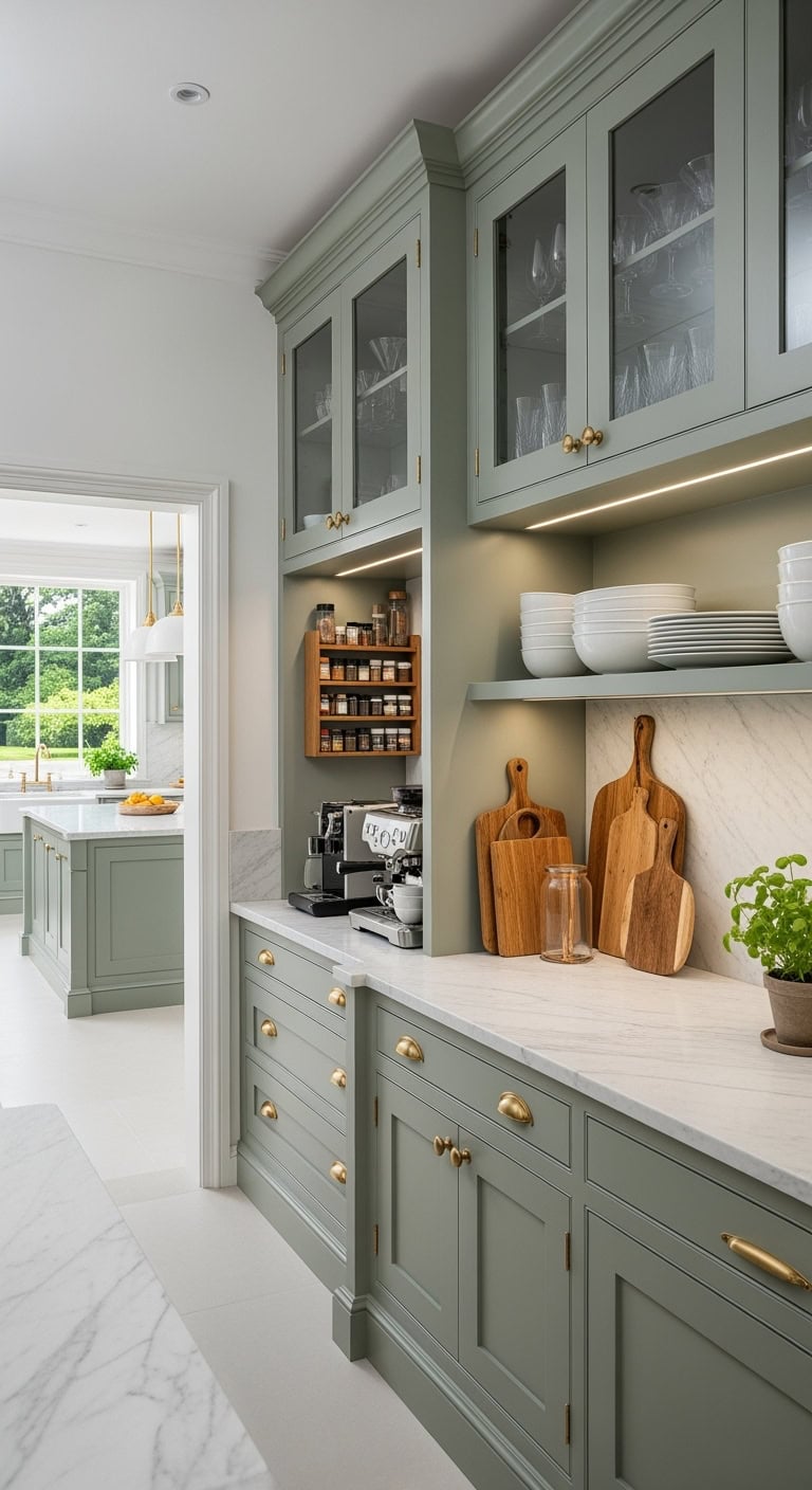Butler's pantry with modern storage and lighting
