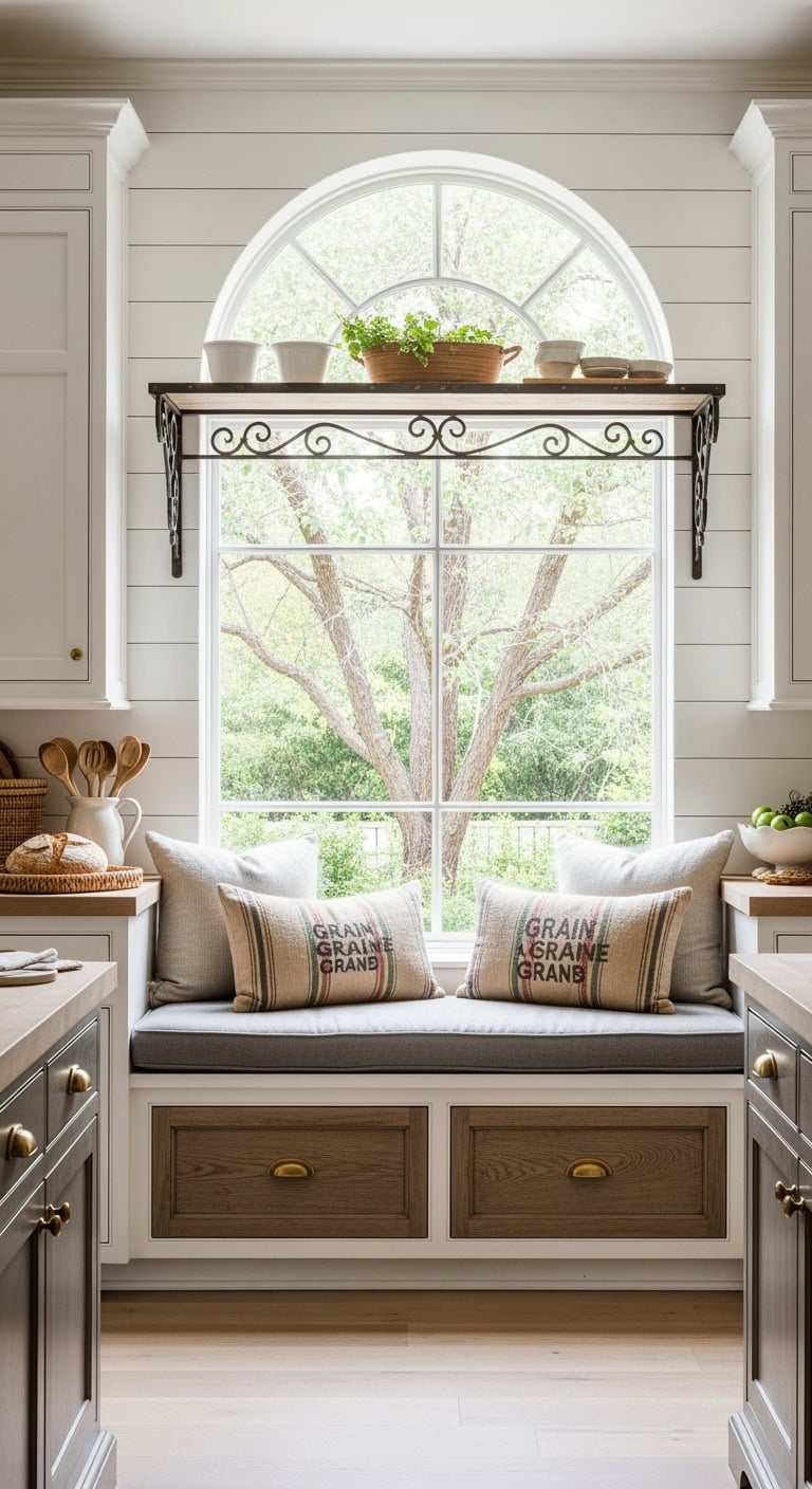 Farmhouse-inspired window seat with storage