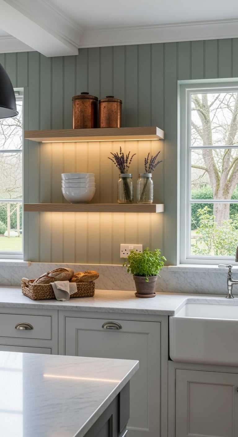 Shiplap wall with styled floating shelves