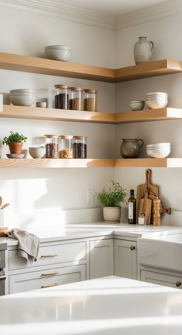modern white oak floating shelves in kitchen