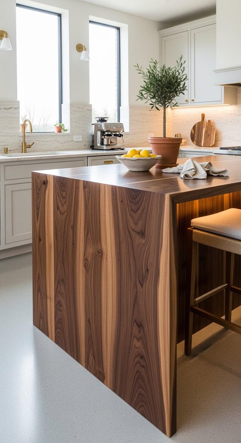 striking walnut kitchen island with waterfall edge