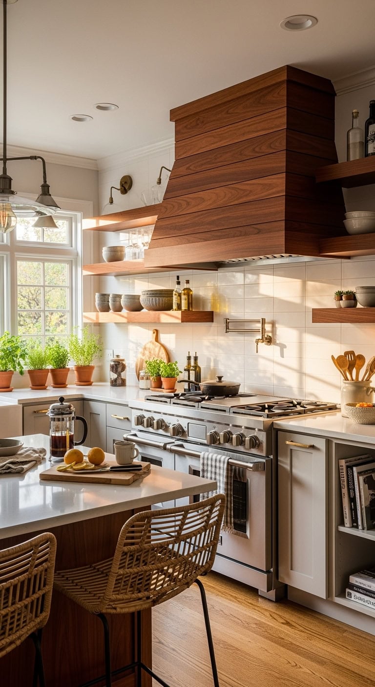 warm cherry wood range hood contrasting with stainless steel
