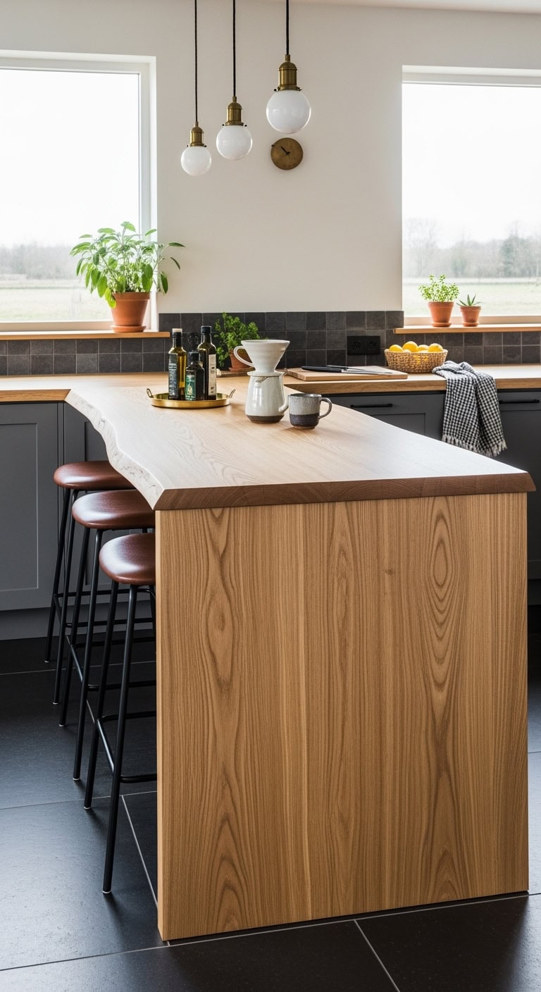 blonde ash wood peninsula with matte black stools