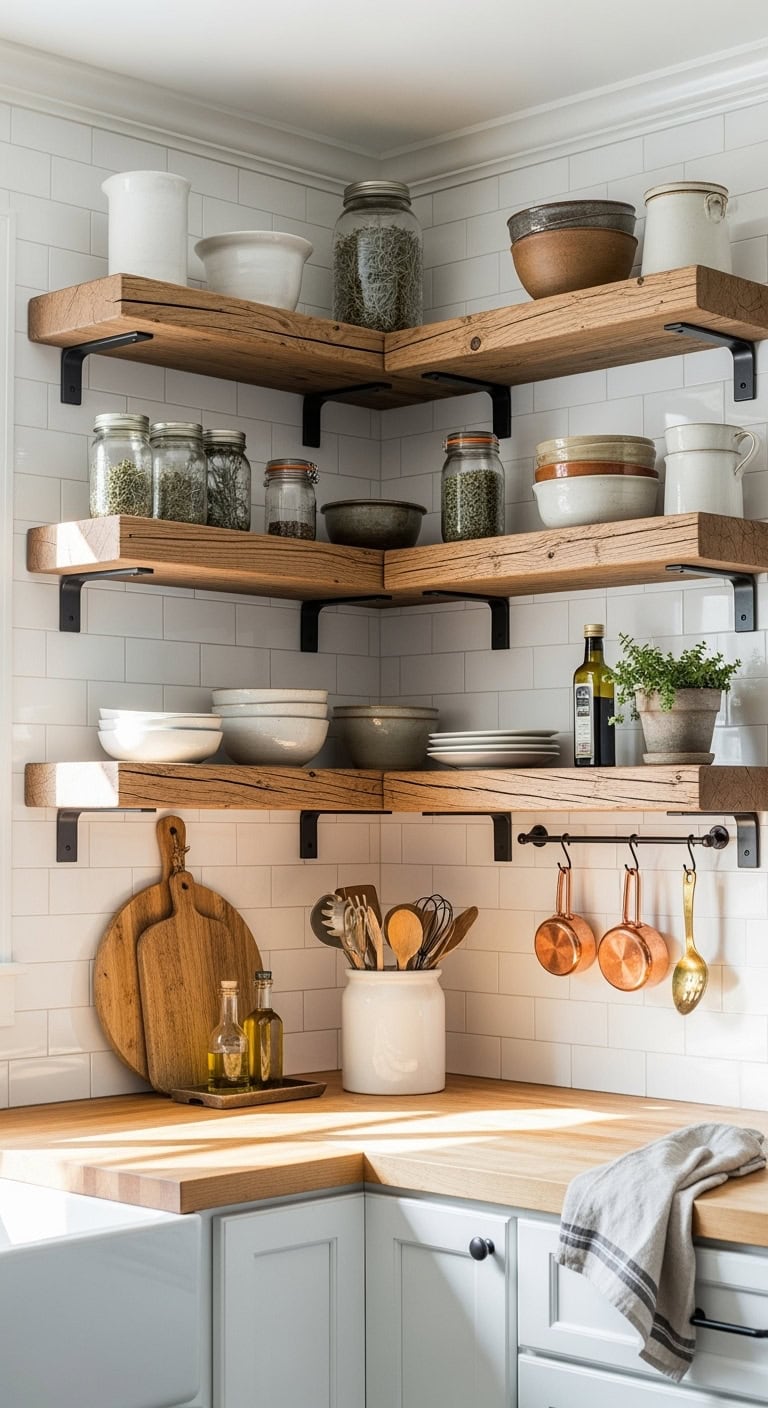 rustic reclaimed pine shelves with black iron brackets