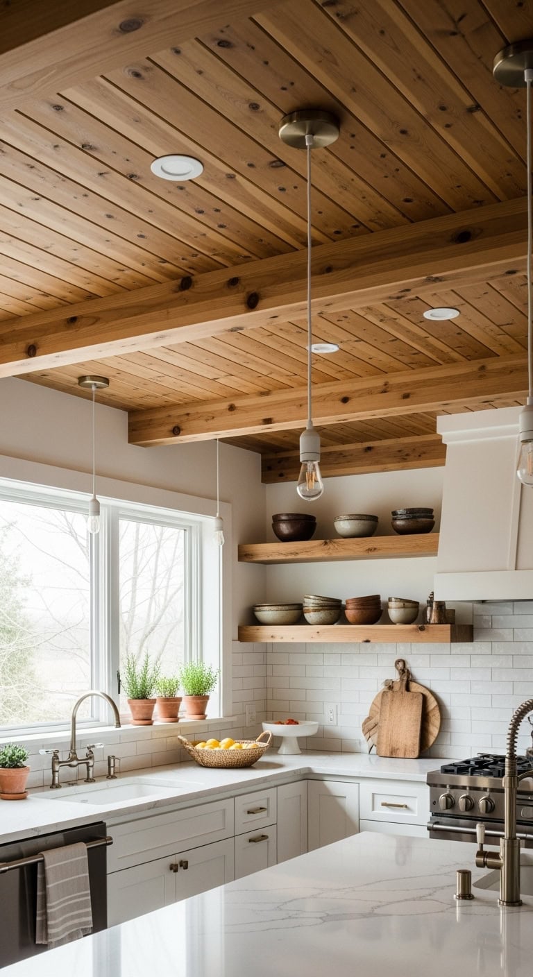 warm cedar plank ceiling with recessed lighting