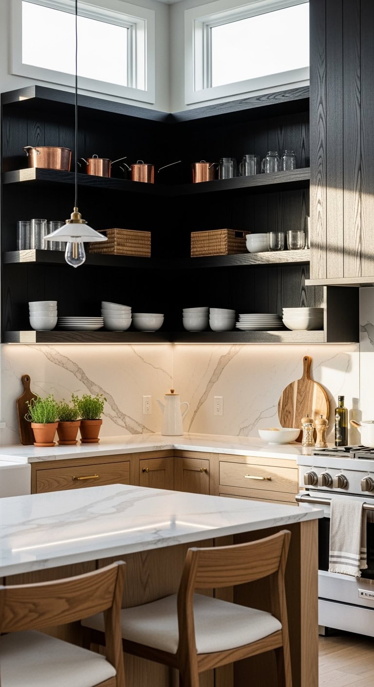 sophisticated ebony wood accent wall with copper pots