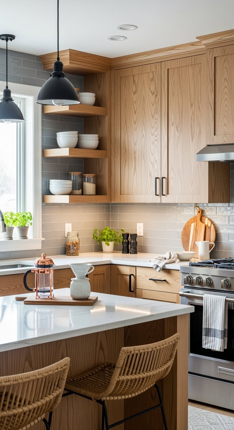 cozy hickory wood cabinets with natural grain