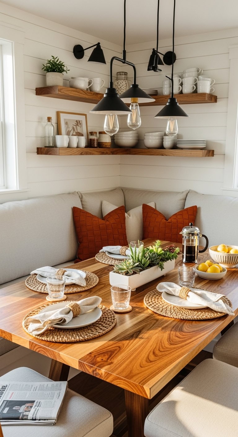 warm acacia wood breakfast nook with cushions