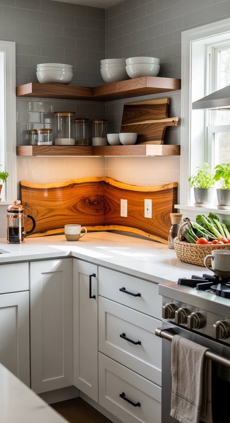 warm live edge mahogany backsplash with brass fixtures