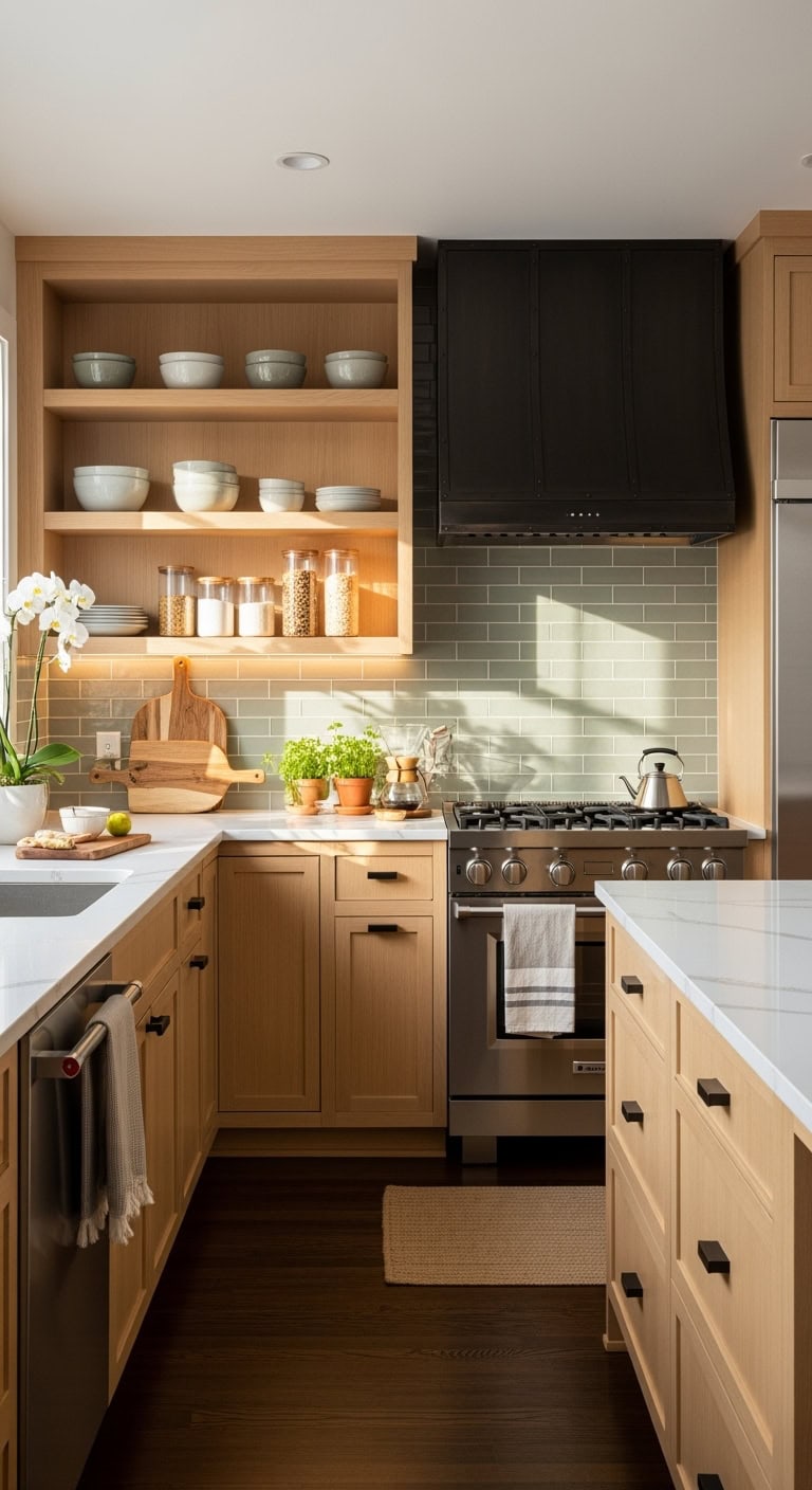 bright minimalist kitchen with beech cabinets
