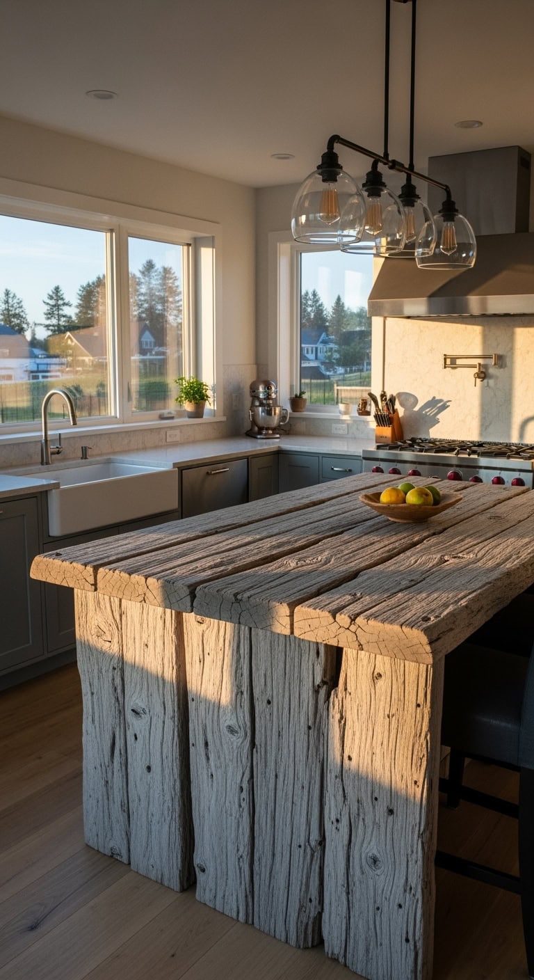 weathered driftwood kitchen island with coastal vibe