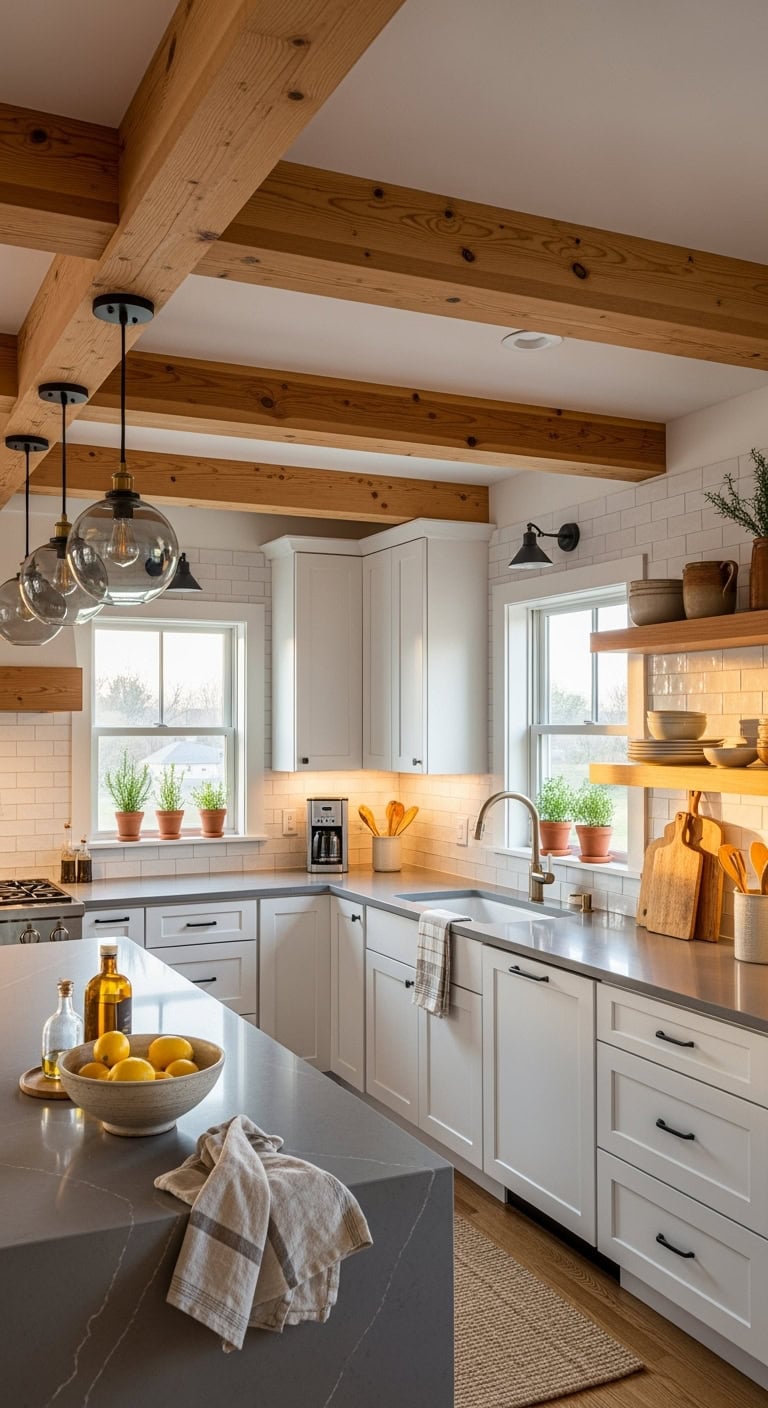 warm rustic Douglas fir beams in kitchen ceiling