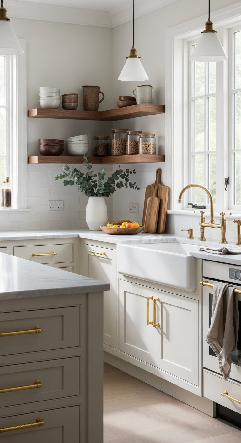warm brass hardware in kitchen
